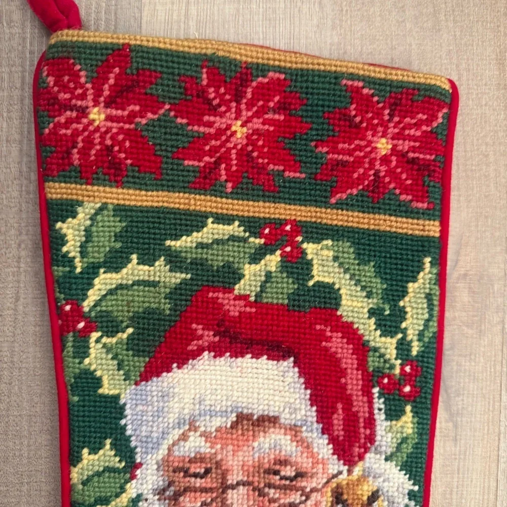 Holiday Decor Needlepoint Santa Christmas Stocking with Velvet Back
